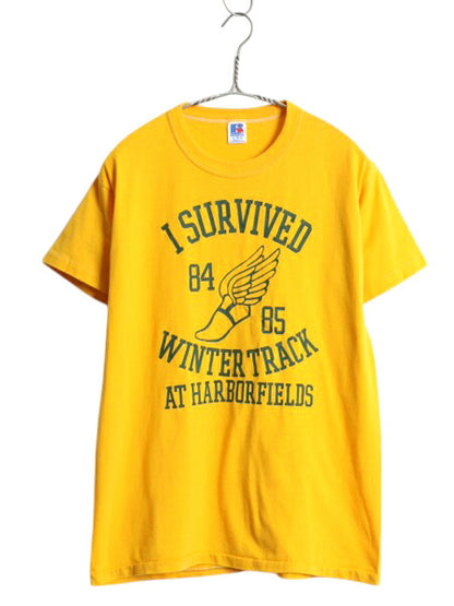 80s USA製 ウイングフット 4段 プリント Tシャツ メンズ レディース M ヴィンテージ カレッジ シングルステッチ ラッセル グラフィック 黄