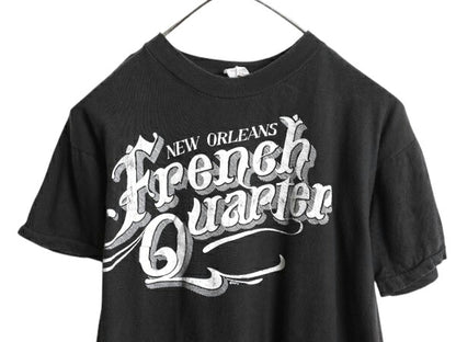 80s パキ綿 プリント Tシャツ メンズ XS 程/ ヴィンテージ グラフィック シングルステッチ ショート丈 モノトーン 黒 雰囲気抜群 ダメージ