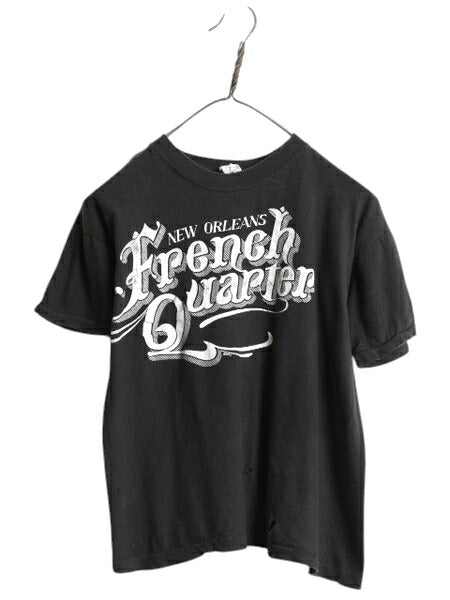 80s パキ綿 プリント Tシャツ メンズ XS 程/ ヴィンテージ グラフィック シングルステッチ ショート丈 モノトーン 黒 雰囲気抜群 ダメージ