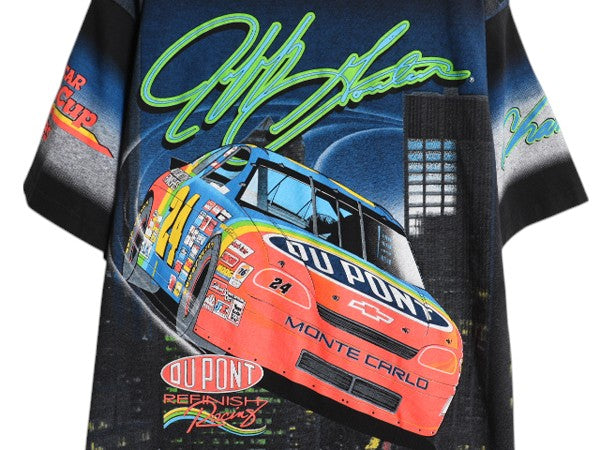 90s USA製 ナスカー イラスト 全面 プリント Tシャツ メンズ M 古着 オールド グラフィック モータースポーツ レース オールオーバー 黒