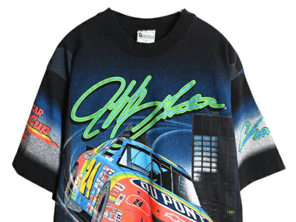 90s USA製 ナスカー イラスト 全面 プリント Tシャツ メンズ M 古着 オールド グラフィック モータースポーツ レース オールオーバー 黒