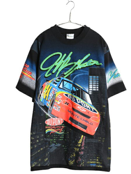 90s USA製 ナスカー イラスト 全面 プリント Tシャツ メンズ M 古着 オールド グラフィック モータースポーツ レース オールオーバー 黒