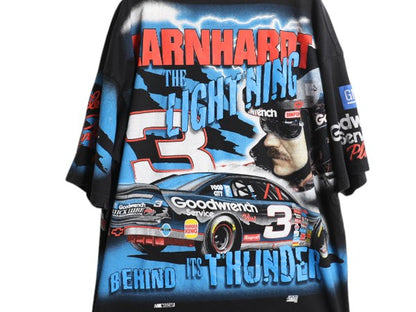 90s USA製 ナスカー イラスト 全面 プリント Tシャツ メンズ XXL オールド グラフィック モータースポーツ オールオーバー 黒 大きいサイズ