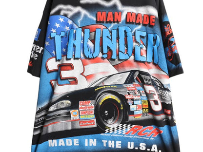 90s USA製 ナスカー イラスト 全面 プリント Tシャツ メンズ XXL オールド グラフィック モータースポーツ オールオーバー 黒 大きいサイズ