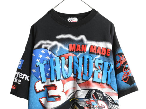90s USA製 ナスカー イラスト 全面 プリント Tシャツ メンズ XXL オールド グラフィック モータースポーツ オールオーバー 黒 大きいサイズ