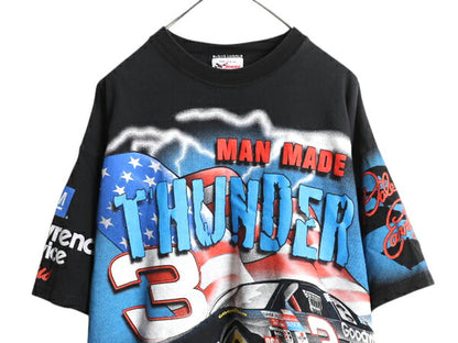 90s USA製 ナスカー イラスト 全面 プリント Tシャツ メンズ XXL オールド グラフィック モータースポーツ オールオーバー 黒 大きいサイズ