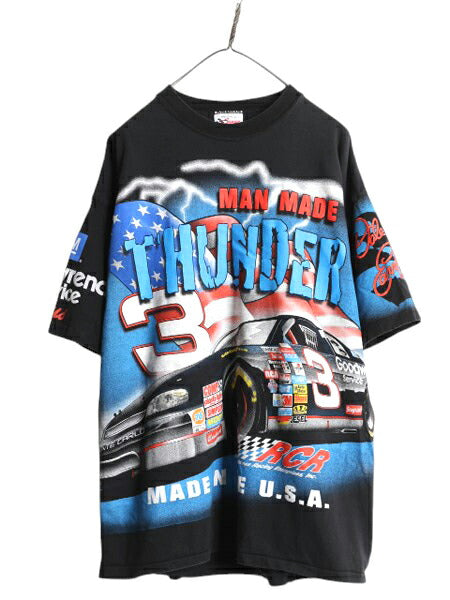 90s USA製 ナスカー イラスト 全面 プリント Tシャツ メンズ XXL オールド グラフィック モータースポーツ オールオーバー 黒 大きいサイズ