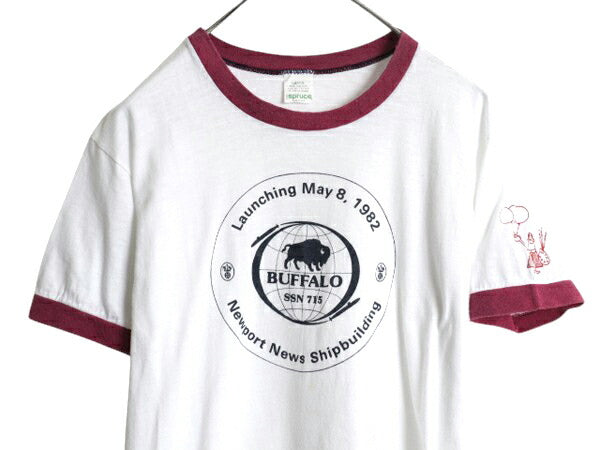 80s USA製 ミリタリー プリント リンガー Tシャツ L 小さめ メンズ レディース M 程 古着 ヴィンテージ 当時物 軍物 USN イラスト ツートン