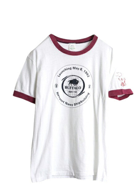 80s USA製 ミリタリー プリント リンガー Tシャツ L 小さめ メンズ レディース M 程 古着 ヴィンテージ 当時物 軍物 USN イラスト ツートン
