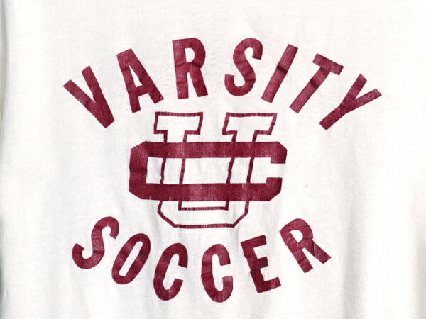 60s USA製 3段 カレッジ プリント Tシャツ M 小さめ メンズ S 程 ヴィンテージ シングルステッチ 100% コットン スポーツ サッカー 白 短丈