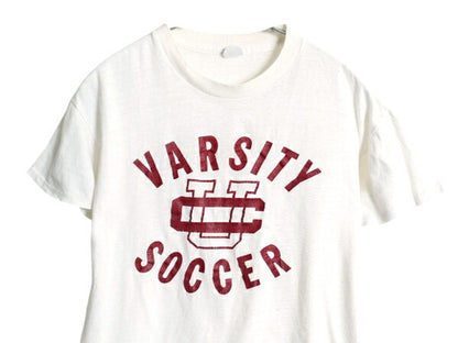 60s USA製 3段 カレッジ プリント Tシャツ M 小さめ メンズ S 程 ヴィンテージ シングルステッチ 100% コットン スポーツ サッカー 白 短丈