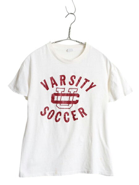 60s USA製 3段 カレッジ プリント Tシャツ M 小さめ メンズ S 程 ヴィンテージ シングルステッチ 100% コットン スポーツ サッカー 白 短丈