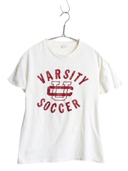 60s USA製 3段 カレッジ プリント Tシャツ M 小さめ メンズ S 程 ヴィンテージ シングルステッチ 100% コットン スポーツ サッカー 白 短丈
