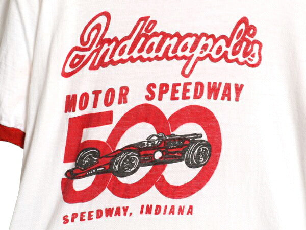 70s レーシングカー イラスト 染込み プリント リンガー Tシャツ メンズ レディース S 程 ヴィンテージ シングルステッチ レース アメ車 白