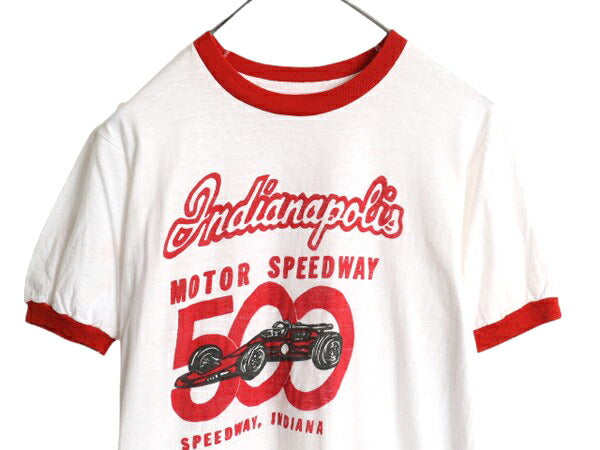 70s レーシングカー イラスト 染込み プリント リンガー Tシャツ メンズ レディース S 程 ヴィンテージ シングルステッチ レース アメ車 白