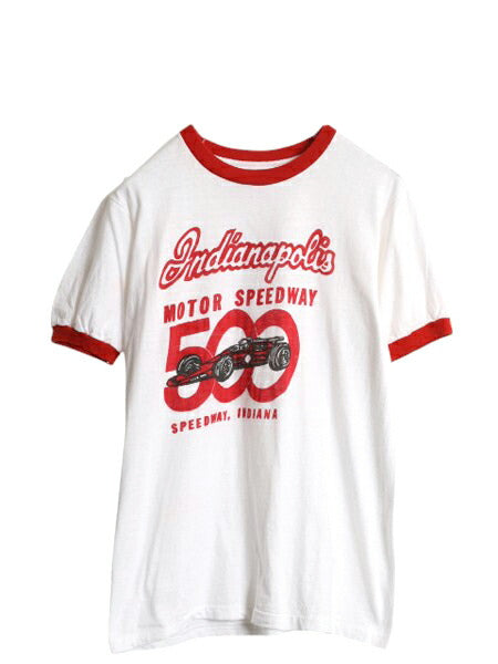 70s レーシングカー イラスト 染込み プリント リンガー Tシャツ メンズ レディース S 程 ヴィンテージ シングルステッチ レース アメ車 白