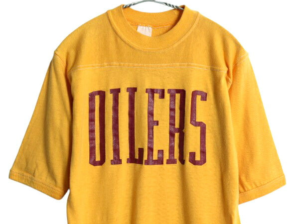 80s USA製 プリント フットボール Tシャツ メンズ M 程 ヴィンテージ NFL オイラーズ シングルステッチ ヘビーウェイト コットン イエロー