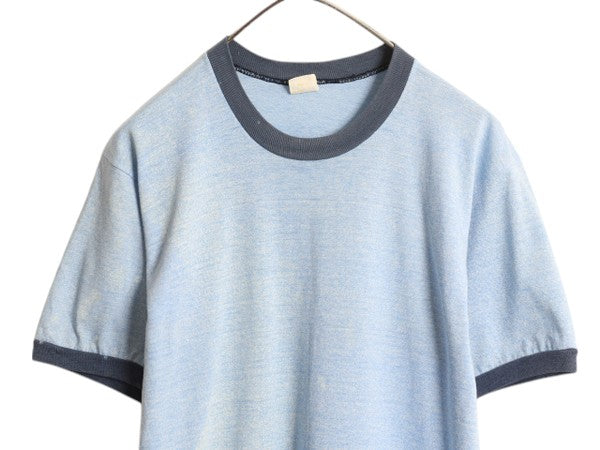 70s USA製 タウンクラフト 無地 リンガー Tシャツ メンズ L 小さめ M 程 ヴィンテージ シングルステッチ ツートン ブランク 霜降り ブルー