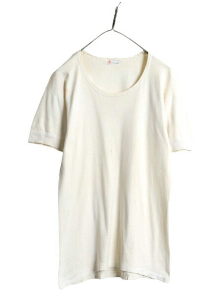 50s 60s Crowntex ラウンドネック 無地 半袖 Tシャツ メンズ L 程 / ヴィンテージ 100% コットン シングルステッチ インナー リブ付き 白