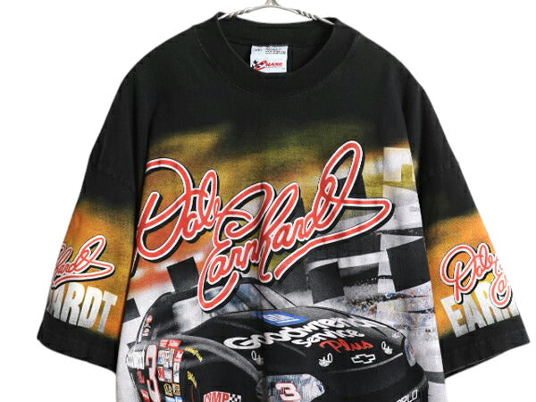 90s USA製 ナスカー イラスト 全面 プリント Tシャツ メンズ XXL オールド グラフィック モータースポーツ オールオーバー 大きいサイズ 黒