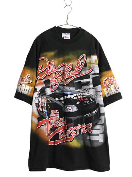 90s USA製 ナスカー イラスト 全面 プリント Tシャツ メンズ XXL オールド グラフィック モータースポーツ オールオーバー 大きいサイズ 黒