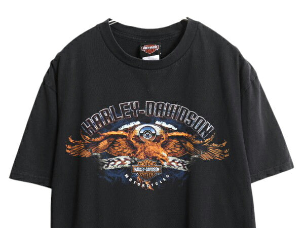ハーレー ダビットソン 両面 プリント Tシャツ メンズ L / 古着 オフィシャル ヘビーウェイト イーグル バイク イラスト グラフィック 黒