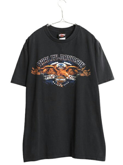 ハーレー ダビットソン 両面 プリント Tシャツ メンズ L / 古着 オフィシャル ヘビーウェイト イーグル バイク イラスト グラフィック 黒