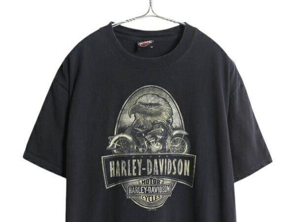 ハーレー ダビットソン 両面 プリント Tシャツ メンズ L / 古着 オフィシャル ヘビーウェイト イーグル バイク イラスト グラフィック 黒