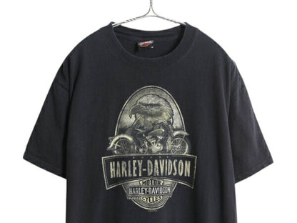 ハーレー ダビットソン 両面 プリント Tシャツ メンズ L / 古着 オフィシャル ヘビーウェイト イーグル バイク イラスト グラフィック 黒