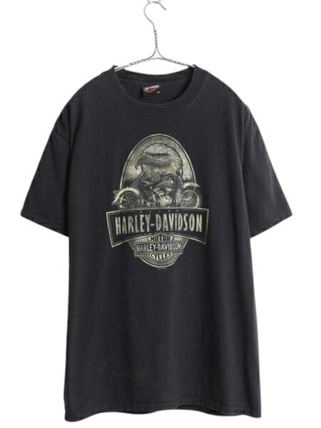 ハーレー ダビットソン 両面 プリント Tシャツ メンズ L / 古着 オフィシャル ヘビーウェイト イーグル バイク イラスト グラフィック 黒