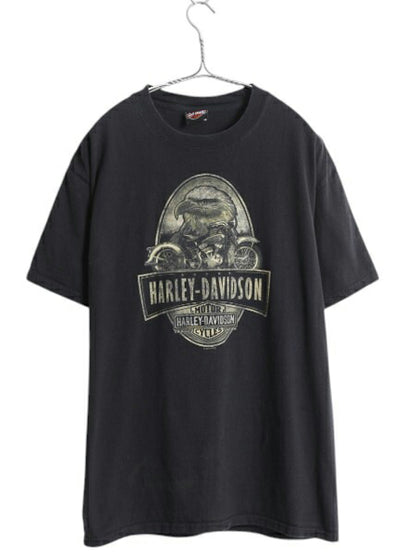 ハーレー ダビットソン 両面 プリント Tシャツ メンズ L / 古着 オフィシャル ヘビーウェイト イーグル バイク イラスト グラフィック 黒