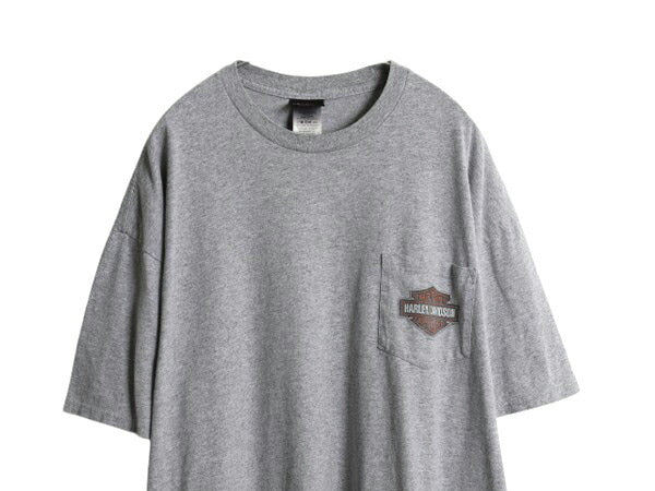 ハーレー ダビットソン 両面 プリント ポケット付き Tシャツ メンズ 2XL / 古着 オフィシャル ヘビーウェイト スカル バイク イラスト 灰