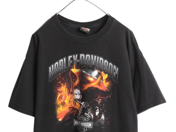 ハーレー ダビットソン 両面 プリント Tシャツ メンズ XL 程/ オフィシャル ヘビーウェイト ファイヤー バイク イラスト 大きいサイズ 黒