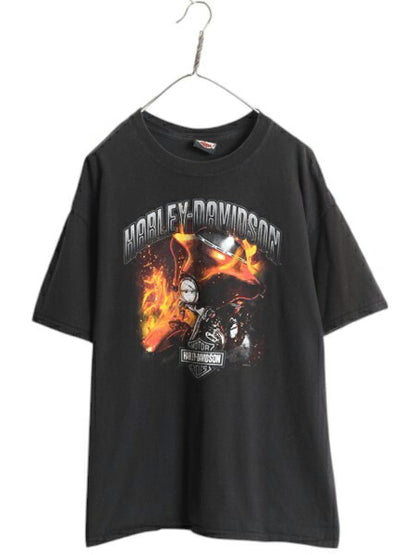 ハーレー ダビットソン 両面 プリント Tシャツ メンズ XL 程/ オフィシャル ヘビーウェイト ファイヤー バイク イラスト 大きいサイズ 黒