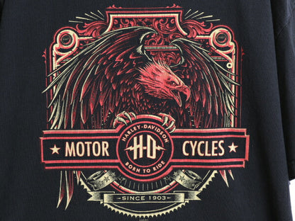 ハーレー ダビットソン 両面 プリント Tシャツ メンズ XL オールド オフィシャル イーグル バイク イラスト グラフィック 大きいサイズ 黒