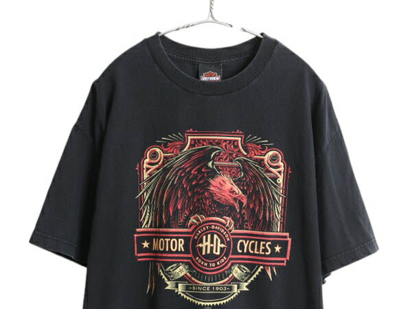 ハーレー ダビットソン 両面 プリント Tシャツ メンズ XL オールド オフィシャル イーグル バイク イラスト グラフィック 大きいサイズ 黒