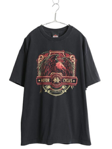 ハーレー ダビットソン 両面 プリント Tシャツ メンズ XL オールド オフィシャル イーグル バイク イラスト グラフィック 大きいサイズ 黒