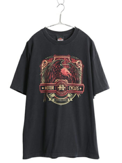 ハーレー ダビットソン 両面 プリント Tシャツ メンズ XL オールド オフィシャル イーグル バイク イラスト グラフィック 大きいサイズ 黒