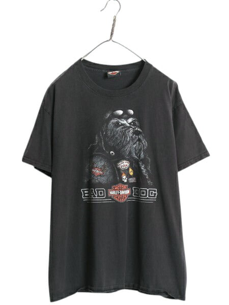 ハーレー ダビットソン 両面 プリント Tシャツ メンズ L オフィシャル ドッグ スカル バイク イラスト 星条旗 アニマル ヘビーウェイト 黒