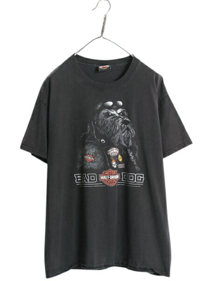 ハーレー ダビットソン 両面 プリント Tシャツ メンズ L オフィシャル ドッグ スカル バイク イラスト 星条旗 アニマル ヘビーウェイト 黒
