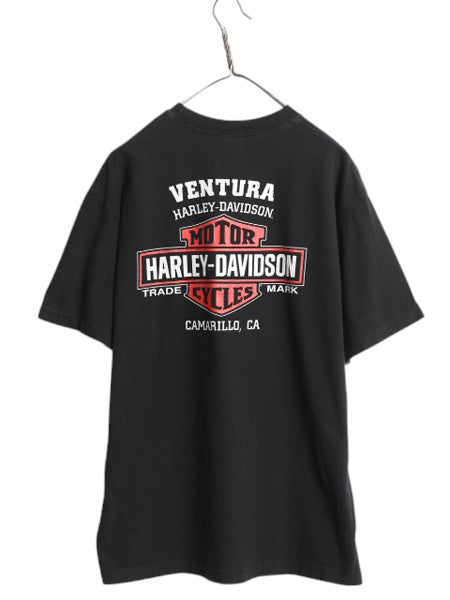 ハーレー ダビットソン 両面 プリント Tシャツ メンズ XL 程 オフィシャル ヘビーウェイト バイク イラスト グラフィック 大きいサイズ 黒