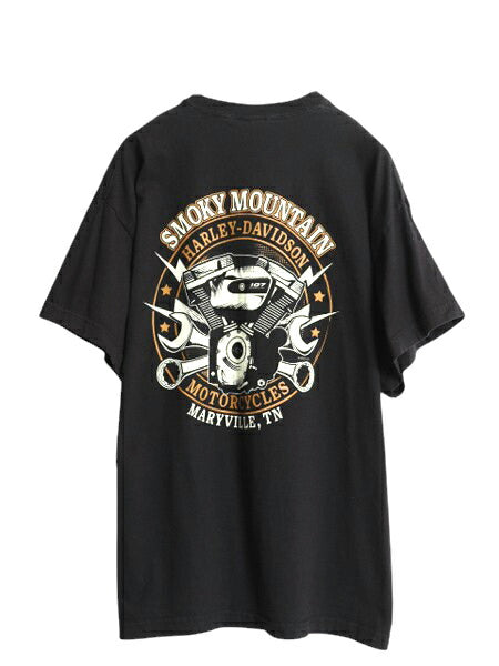 ハーレー ダビットソン 両面 プリント Tシャツ メンズ XL 黒 オフィシャル バイク スカル イラスト ヘビーウェイト 大きいサイズ ブラック