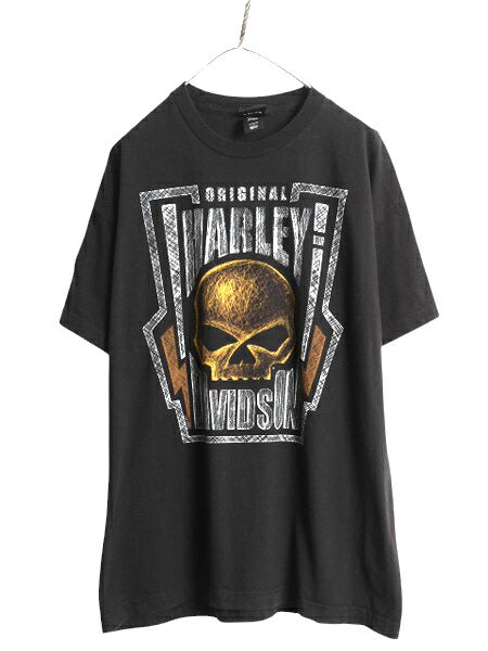 ハーレー ダビットソン 両面 プリント Tシャツ メンズ XL 黒 オフィシャル バイク スカル イラスト ヘビーウェイト 大きいサイズ ブラック