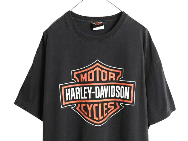 00s ハーレー ダビットソン 両面 プリント Tシャツ メンズ XL 程 古着 オールド バイク ファイヤー イラスト グラフィック 大きいサイズ 黒
