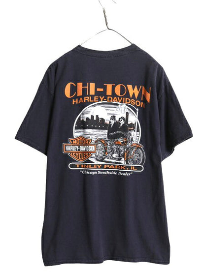 ハーレー ダビットソン 両面 プリント Tシャツ メンズ L 古着 オフィシャル バイク イラスト グラフィック ヘビーウェイト キャラクター 紺