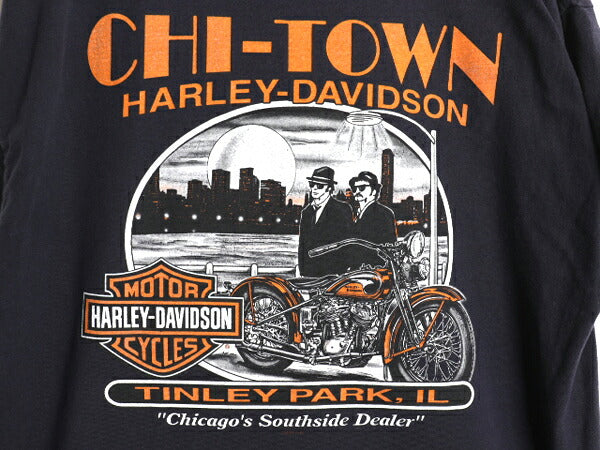 ハーレー ダビットソン 両面 プリント Tシャツ メンズ L 古着 オフィシャル バイク イラスト グラフィック ヘビーウェイト キャラクター 紺
