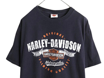 ハーレー ダビットソン 両面 プリント Tシャツ メンズ L 古着 オフィシャル バイク イラスト グラフィック ヘビーウェイト キャラクター 紺