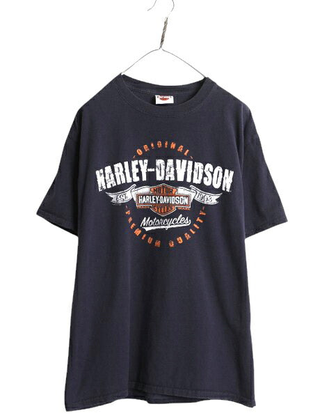 ハーレー ダビットソン 両面 プリント Tシャツ メンズ L 古着 オフィシャル バイク イラスト グラフィック ヘビーウェイト キャラクター 紺