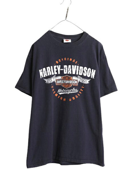 ハーレー ダビットソン 両面 プリント Tシャツ メンズ L 古着 オフィシャル バイク イラスト グラフィック ヘビーウェイト キャラクター 紺