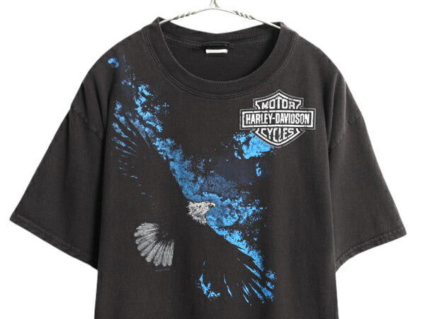 ハーレー ダビットソン 両面 プリント Tシャツ メンズ L / 古着 オフィシャル バイク イーグル イラスト グラフィック ヘビーウェイト 黒